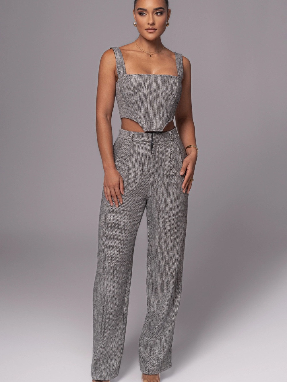 JLUXLABEL Gray Herringbone Cropped Jacket & Pant Set - NWOT Size Small - Picture 2 of 3